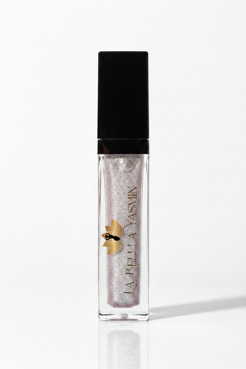 La Bella Yasmin Mineral Lip Gloss in Pink Shimmer - clear square bottle with black cap